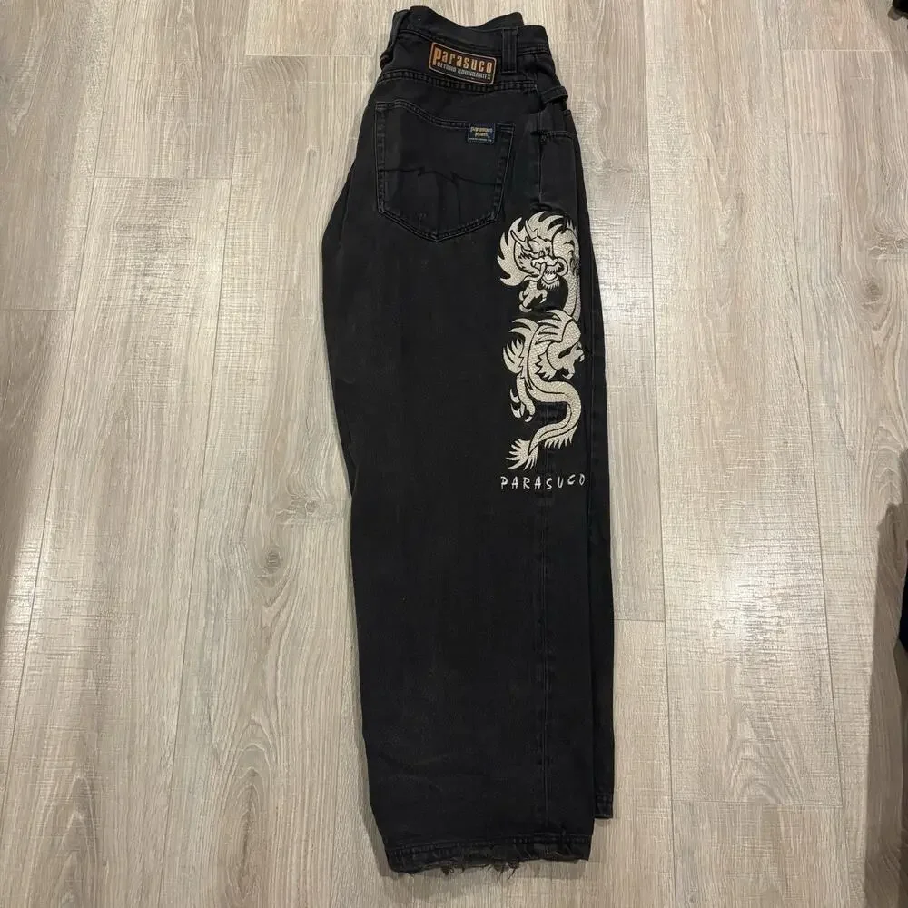 Vintage Parasuco Jeans Mens 34x30 Black Denim Baggy Dragon Embroidered Y2K JNCO